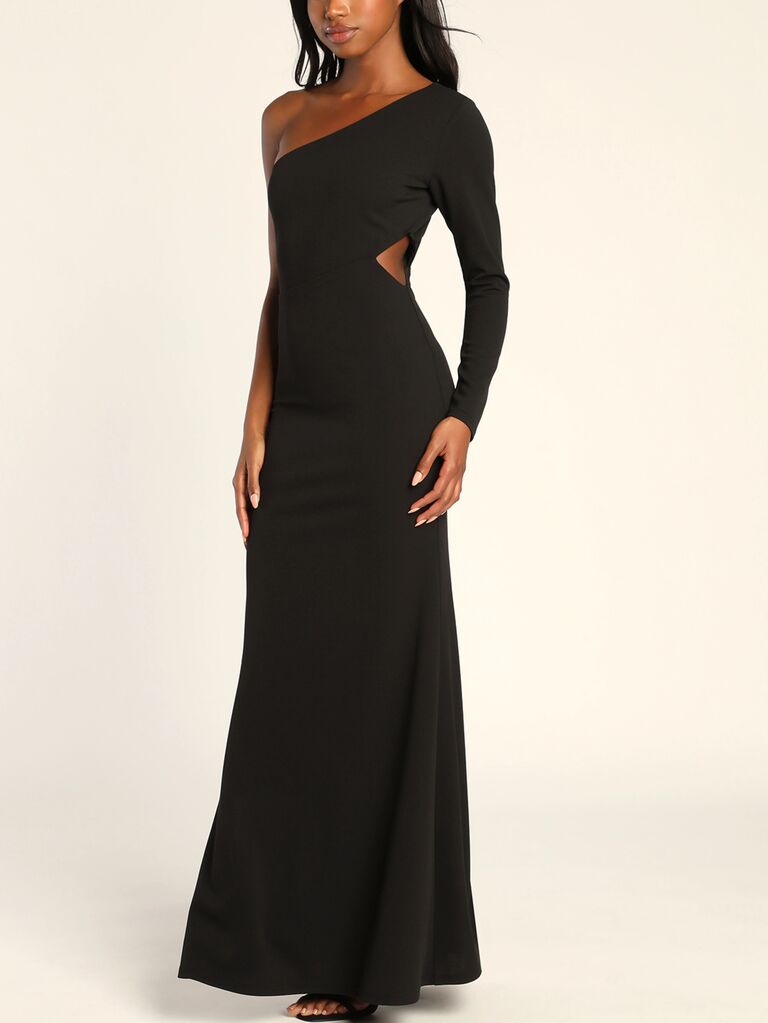 Lulus sleek one-shoulder black winter bridesmaid dress with long statement sleeve