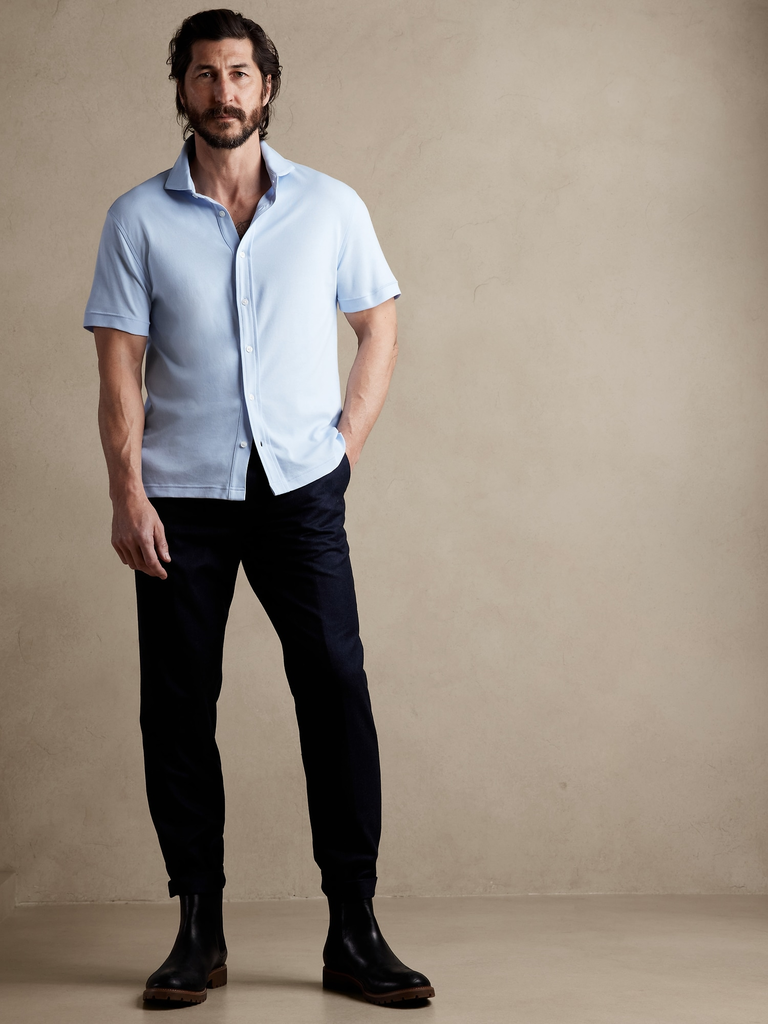 A model shows off this modern and effortless engagement outfit.