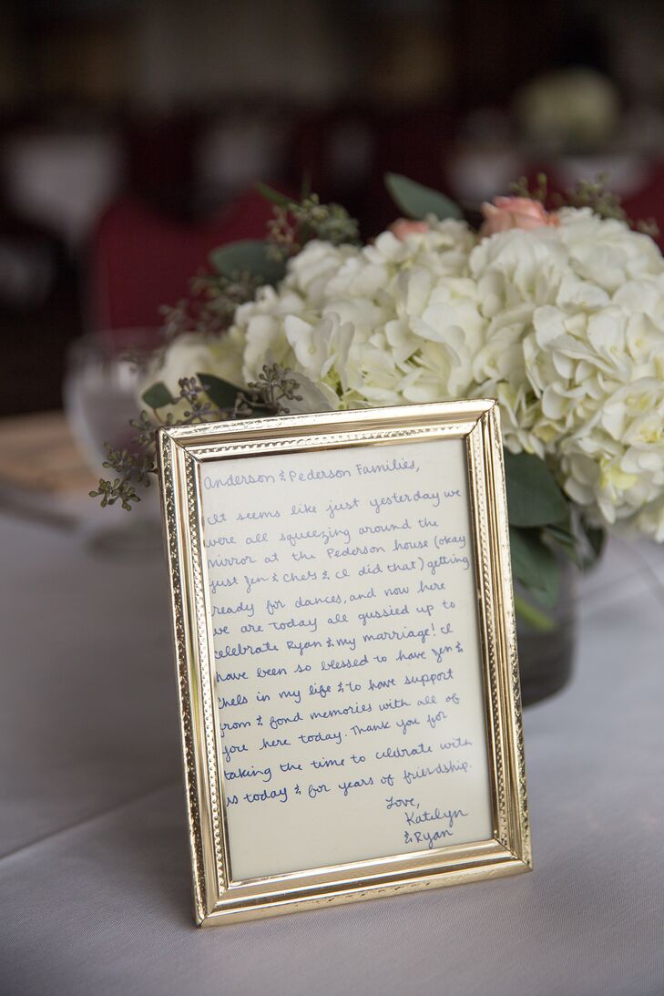The couple handwrote personalized letters to display on each table for their guests.