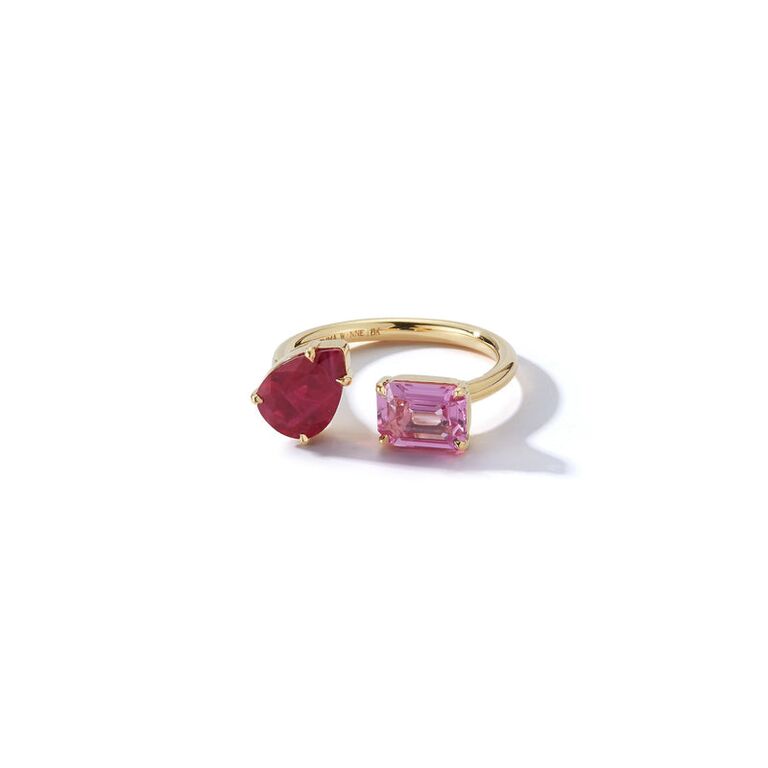 Jemma Wynne Bespoke Ruby Pear and Pink Sapphire Open Engagement Ring