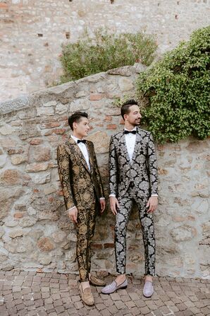 Couple in Metallic Jacquard Tuxedos