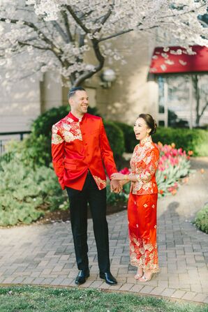 Bride and Groom in Traditional Red Chinese Wedding Attire