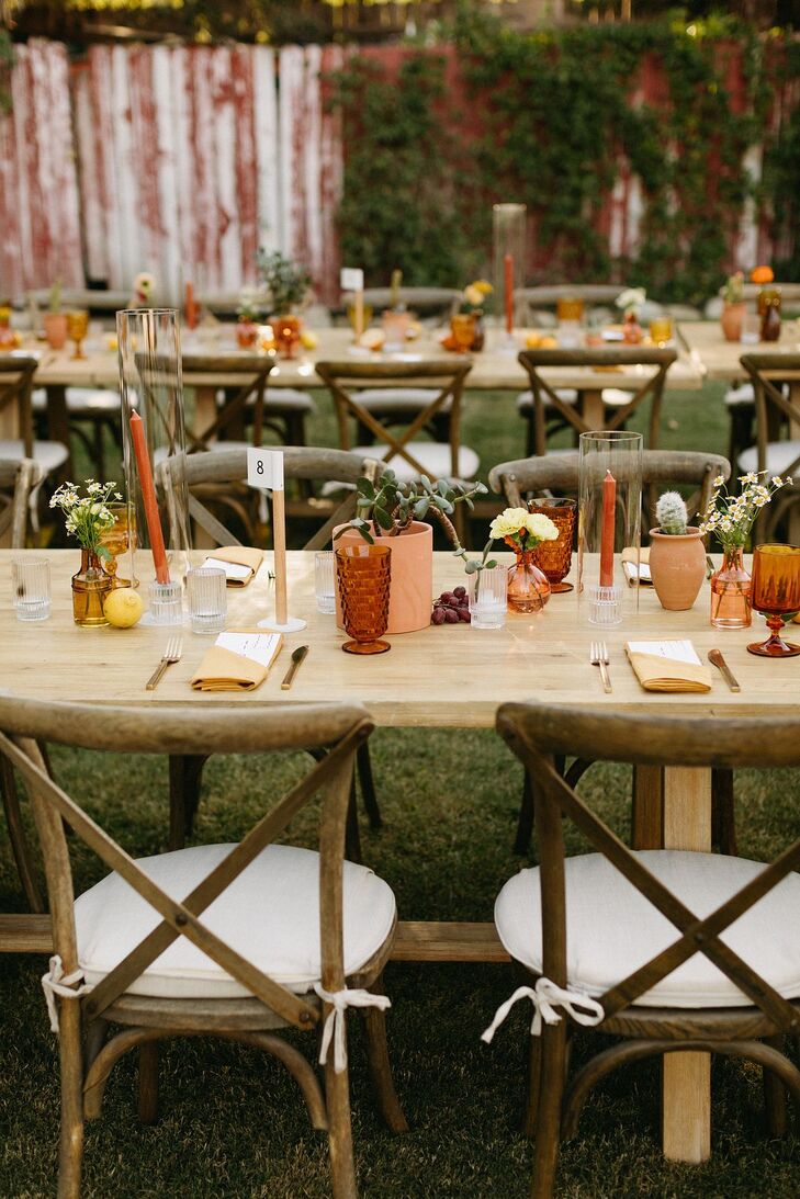 Long Wooden Tables With Burnt Orange, Yellow and Coral Accents, Desert Decor