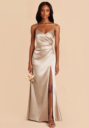 Birdy Grey Catherine Shiny Satin Dress in Neutral Champagne V-Neck Bridesmaid Dress