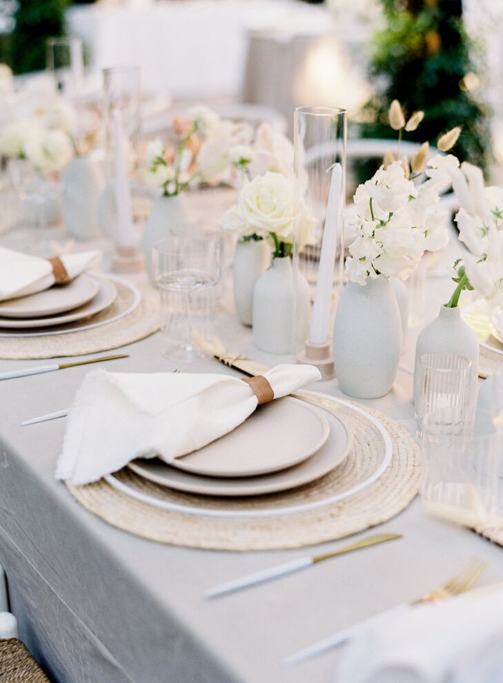 Neutral-Hued Reception Tablescape for Wedding at Franciscan Gardens in San Juan Capistrano, California