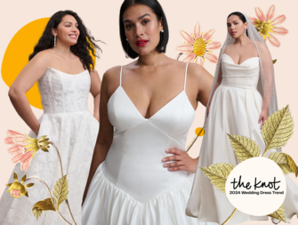 Collage of plus-size bridal designs from Bridal Fashion Week 2023. 