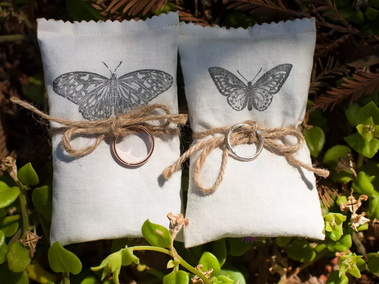 Butterfly ink and canvas wedding ring pillows