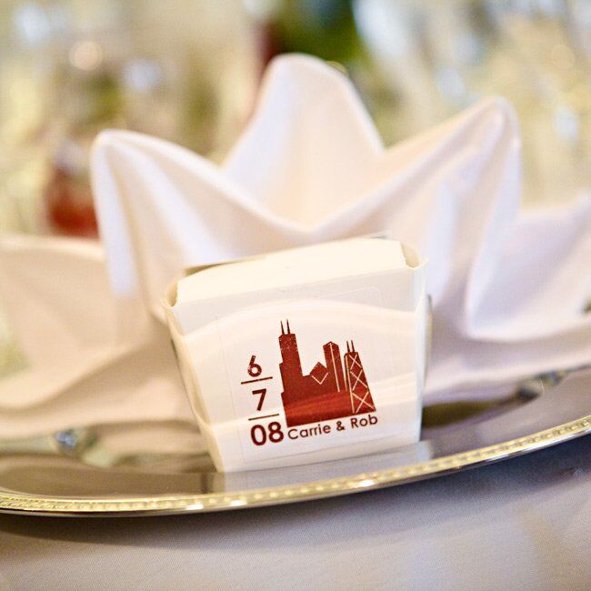 Guests took home Chinese takeout boxes filled with fortune cookies and Hershey’s Hugs and Kisses.