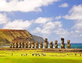 Moais of Ahu Tongariki on Easter Island, Chile.