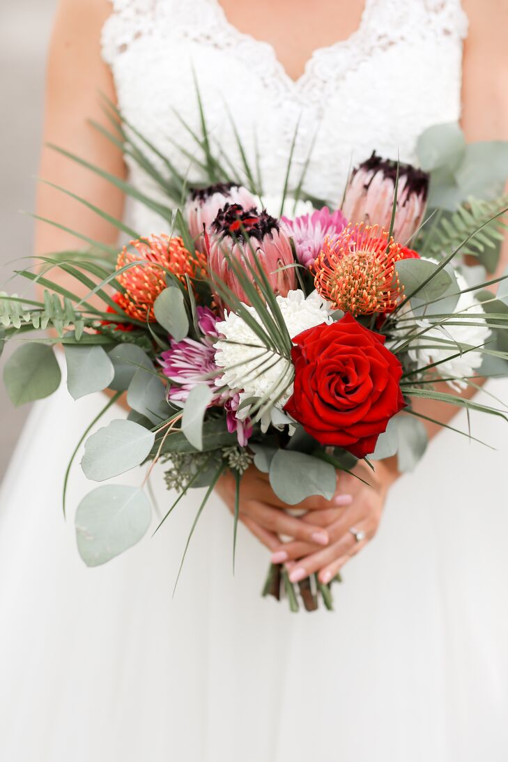 Tropical Bouquet with Roses, Protea and Eucalyptus