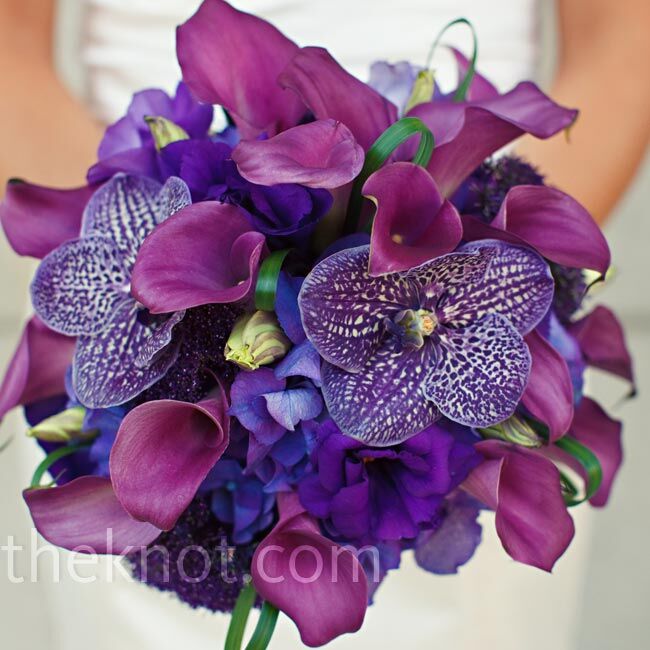 Emily’s showstopping bouquet included bold purple vanda orchids mixed with fuchsia calla lilies.