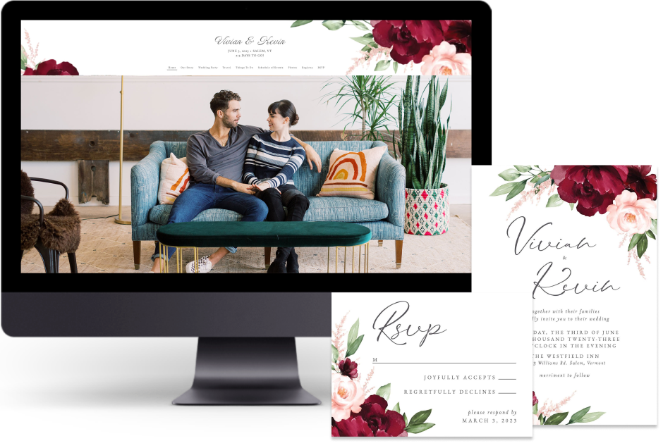 Red Beloved Floral wedding website design with matching paper suite