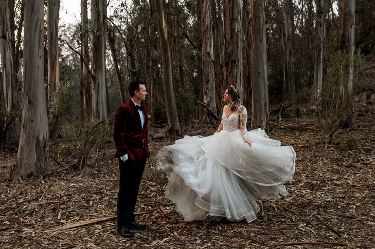 For their rustic wedding, Kaycee	Young and Martin Rydder aimed for a "dramatic forest feel with a bit of a boho vibe." Their venue's location among to