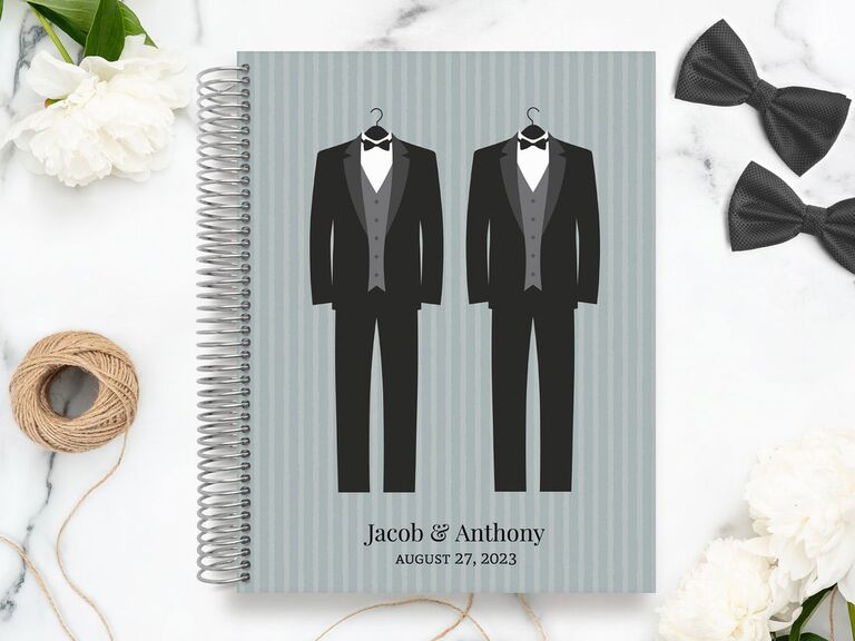 Same-sex wedding planner notebook with stripes and two suits on cover