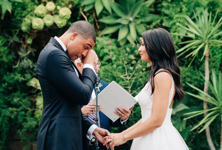 Elegant Ceremony with Succulent Wall Backdrop