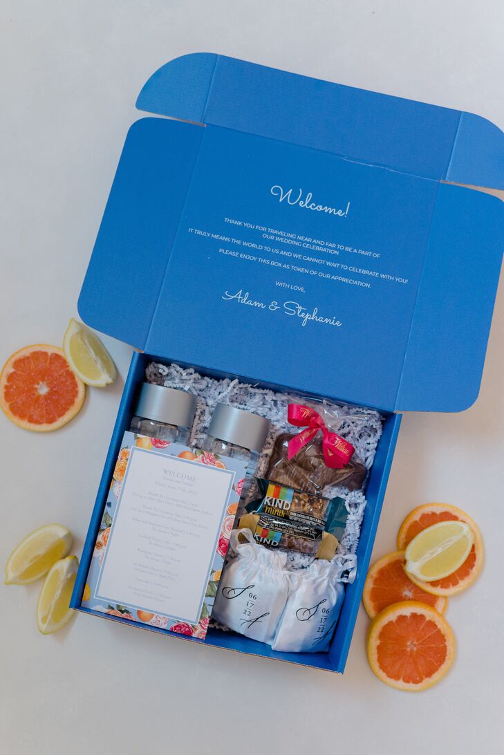 Blue Welcome Box for Weddings Guests With Snacks, Waters and Itinerary