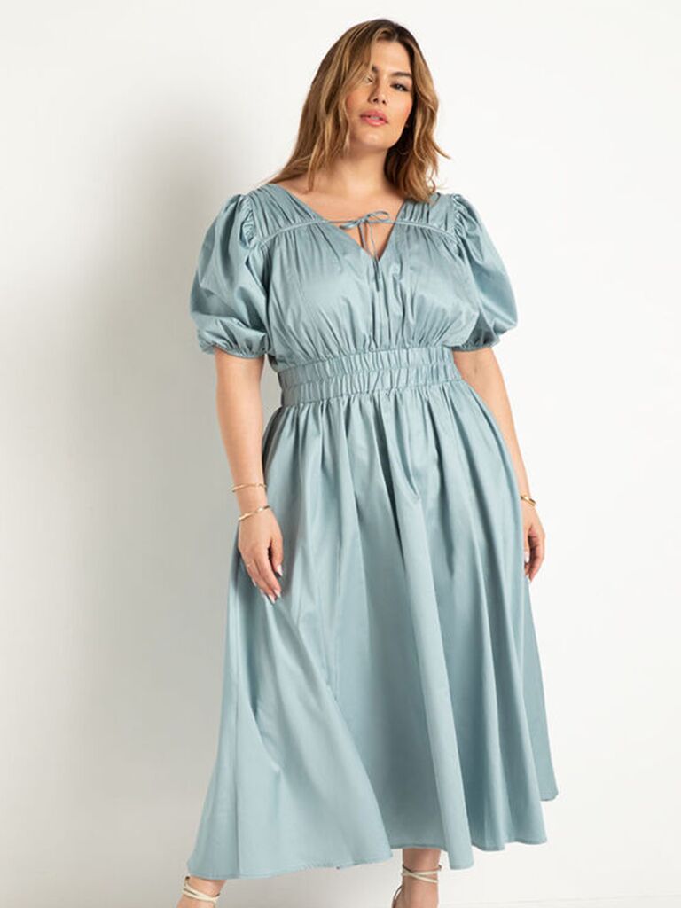 Light blue puff-sleeve plus-size wedding guest dress from ELOQUII