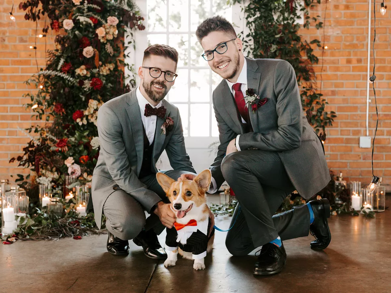 A pair of grooms lean down over their pup of honor, a little corgi in his own doggie-sized suit and tie.