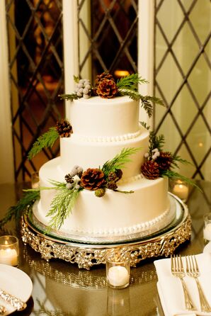 Wintry Pinecone and Silver Brunia Wedding Cake