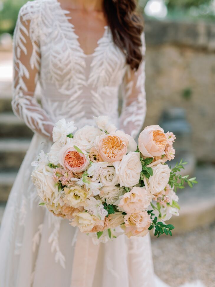 Blush-and-White Bouquet of Light-Toned Neutral Flowers With Minimal Greenery at French Wedding