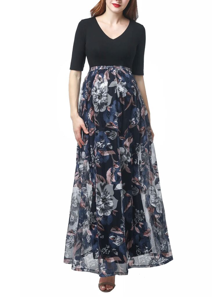 Nordstrom black floral maternity wedding guest dress with simple black bodice and floral jacquard skirt