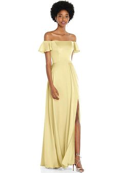 Dessy Group Straight-Neck Ruffled Off-the-Shoulder Satin Maxi Dress - 8227 Bridesmaid Dress