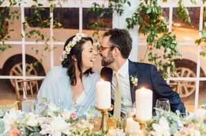 Bride in Blue Sheer Shawl with Flower Crown at Sweetheart Table