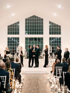 Candle-Lined Aisle in Christmas Wedding Ceremony With White Aesthetic