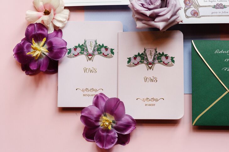 Bold, Unique Vow Booklets in Bright Colors for Two Grooms