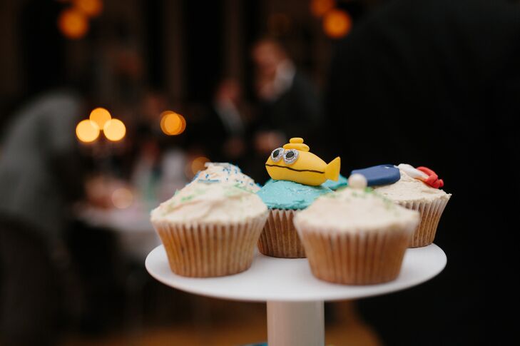 The cupcakes for dessert were decorated with motifs from Wes Anderson movies. One such motif was the yellow submarine from 'The Life Aquatic with Steve Zissou.'