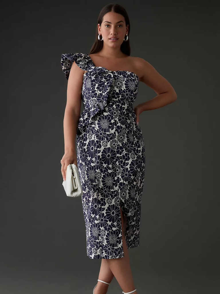 One-shoulder plus size wedding guest dress from By Anthropologie