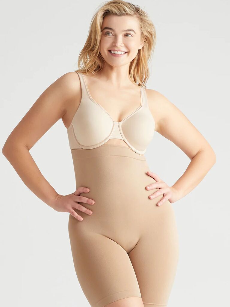 Model wearing skin tone shaping high-waist shorts wedding undergarment