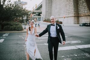 Formal Couple in V-Neck Dress and Black Tuxedo
