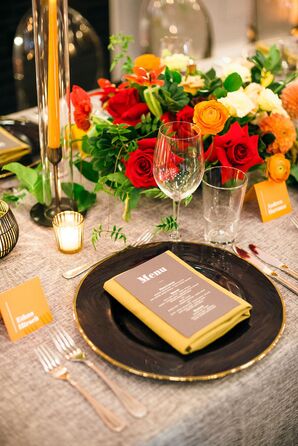 Yellow Napkin and Black Plate at Wedding Place Setting