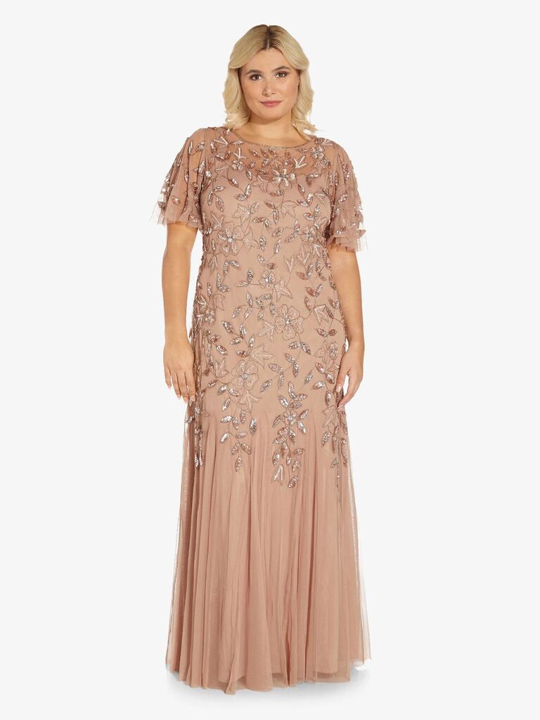 Plus-size floral beaded mother-of-the-bride dress in rose gold from Adrianna Papell