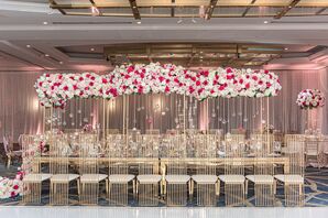 Glam Table With Gold Chairs and Tall Pink Rose Centerpiece