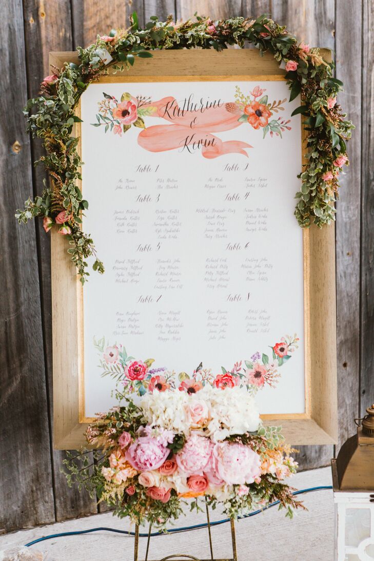 The couple decided against classic escort cards and helped guests find the way to their seats with a beautiful customized seating chart decorated with hand-painted florals, whimsical script and an elegant gold frame. A garland of roses and variegated greenery was placed at the top, with a lush bunch of peonies, roses, hydrangeas and more accenting the bottom.