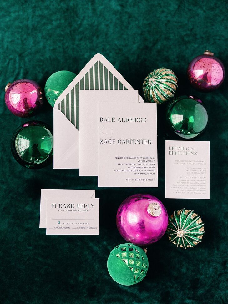 Simple, Clean White-and-Green Invitation Suite for a Christmas Wedding