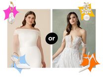 two contrasting styles of wedding dresses with matching accessories