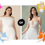 two contrasting styles of wedding dresses with matching accessories