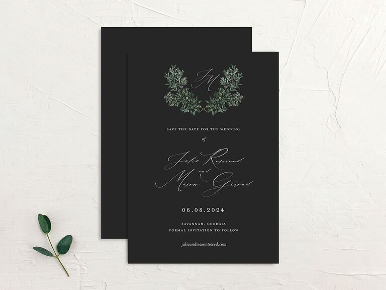 the knot black and white formal greenery simple save the date card with greenery and script