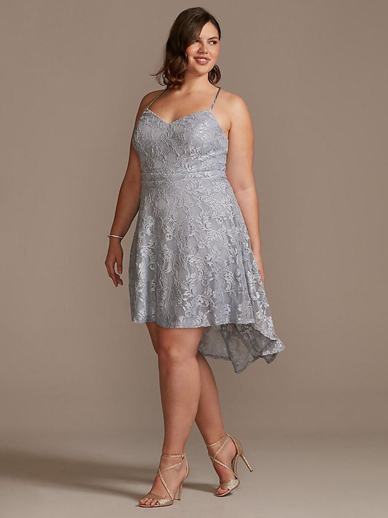 david's bridal plus size light blue high low pastel mini dress for wedding guests with lace sweetheart neckline and spaghetti straps
