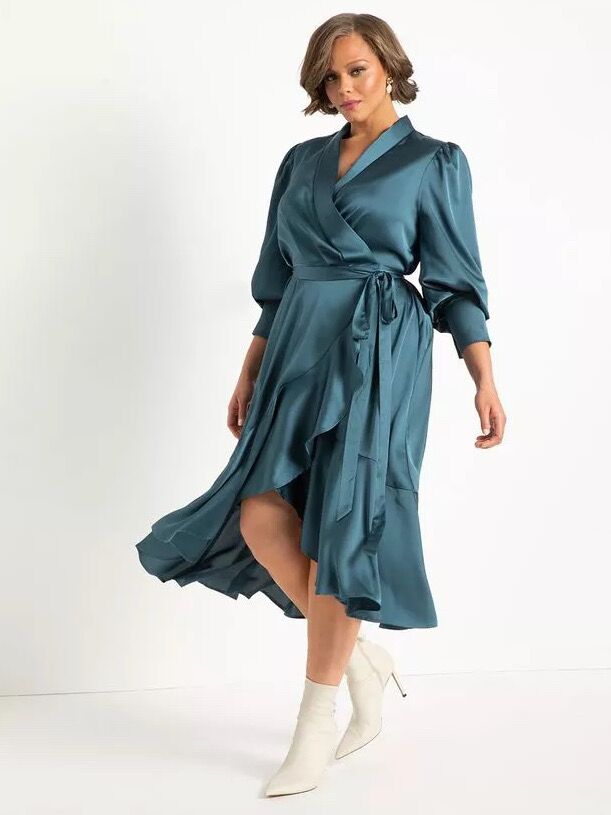 long sleeve teal satin wrap dress