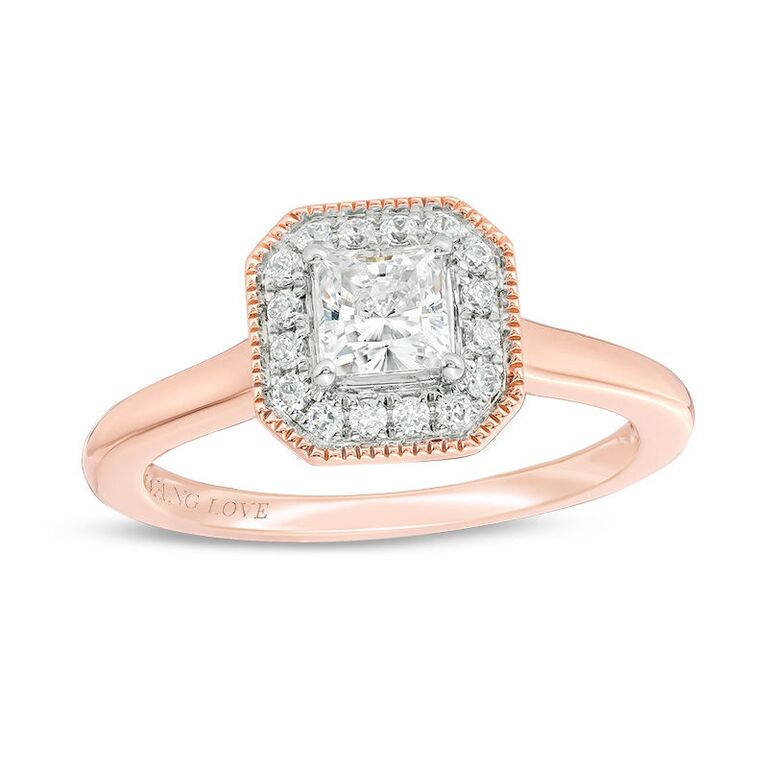 zales vera wang rose gold engagement ring with emerald cut diamond round diamond halo and rose gold metal halo with milgrain detailing plain rose gold band and two sapphires in bezel