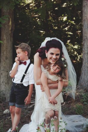 Ring Bearer in a Burgundy Bow Tie, Flower Girl in a Sweet Dress