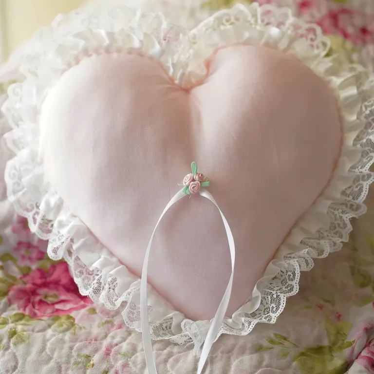 Shabby chic pink heart ring bearer pillow with lace trim