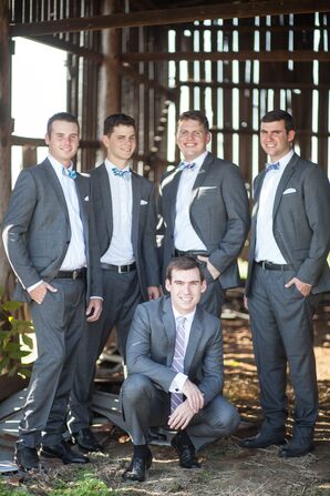 The Gray Groomsmen with Bright Blue Bow Ties at the Kentucky Barn Wedding