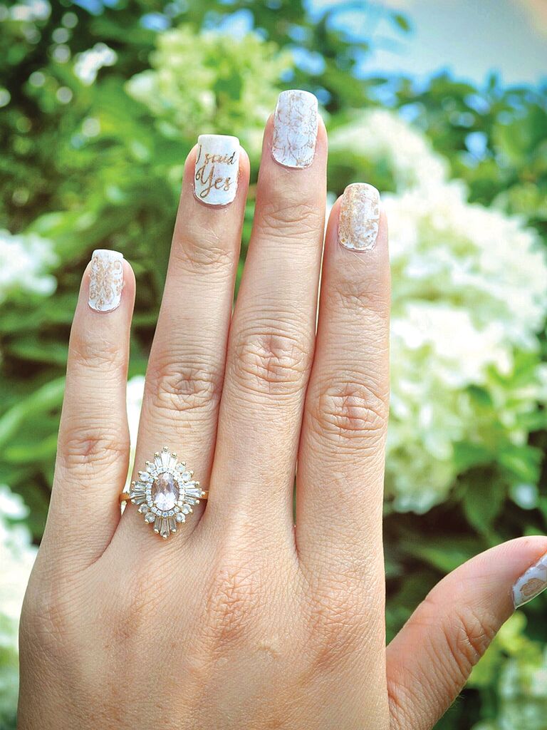 Engagement ring selfie idea with a fun manicure