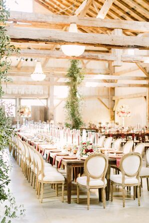 Rustic and Cozy Barn Wedding Reception with Burgundy Details