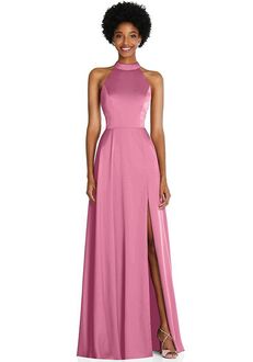Dessy Group Stand Collar Cutout Tie Back Maxi Dress with Front Slit - TH090 Bridesmaid Dress